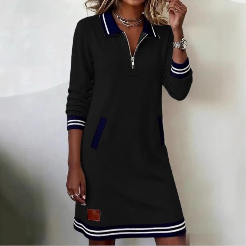 Robe polyvalente à la mode pour femmes, décontractée, couleur contrastée, épissure, revers, manches longues, ample, avec poches, automne hiver