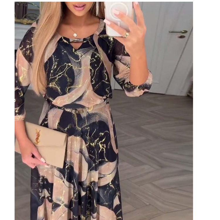 Robe longue imprimée pour femme, manches mi-longues, taille ajustée, coupe trapèze, élégante, col rond, style décontracté, pour le bureau, printemps 2026