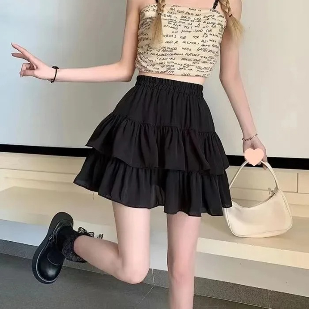Jupe trapèze plissée blanche pour femmes, à volants, douce, Style Preppy, taille élastique, Slim, Simple, décontractée, vente en gros, été