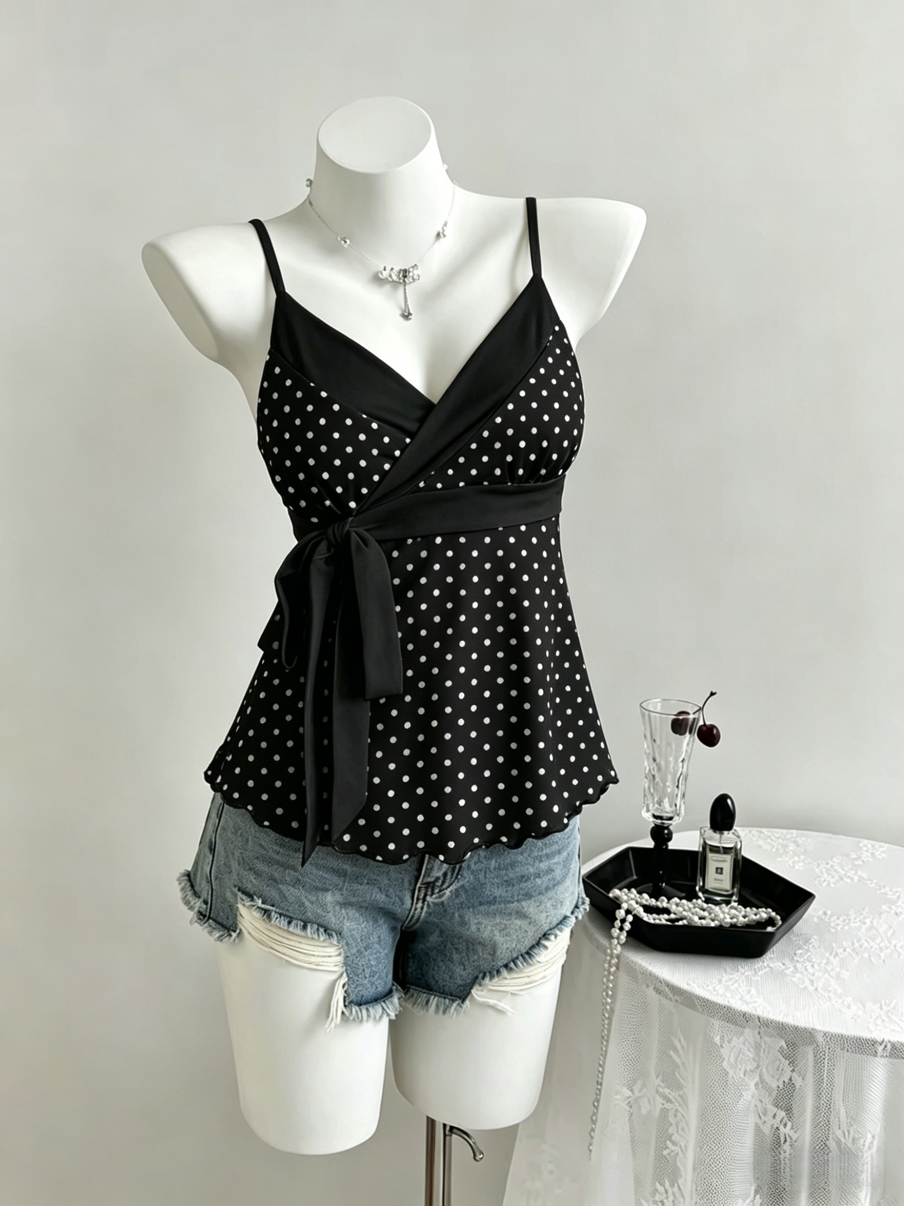 Camisole Femme à Bretelles Fines, Col Contrastant, Taille Nouée Latérale, à Pois, Ourlet Festonné, Style Y2K, Été 2026, pour Sorties, Décontracté, Streetwear