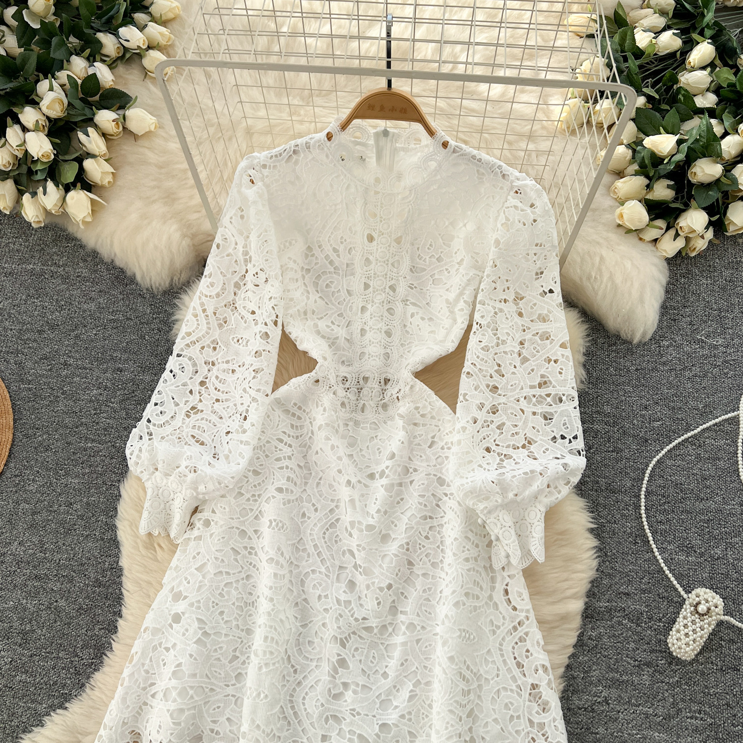 Robe longue en dentelle pour femmes, manches lanternes, ligne A, ajourée, taille haute, Streetwear, épissure élégante, mariage Y2k, blanc