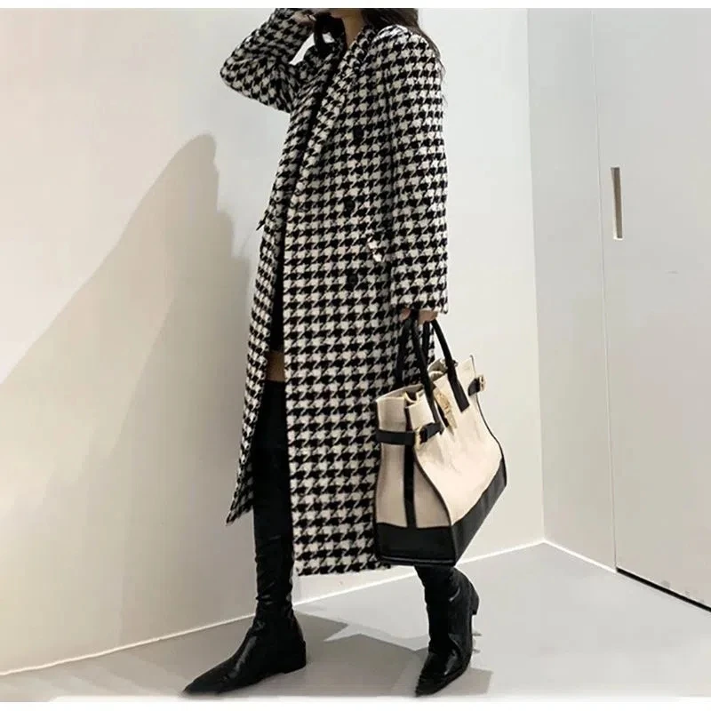 Femmes automne hiver manteau en laine 2025 nouvelles femmes Double boutonnage manteau coréen pied-de-poule mi-long manteau en laine dame veste d'hiver