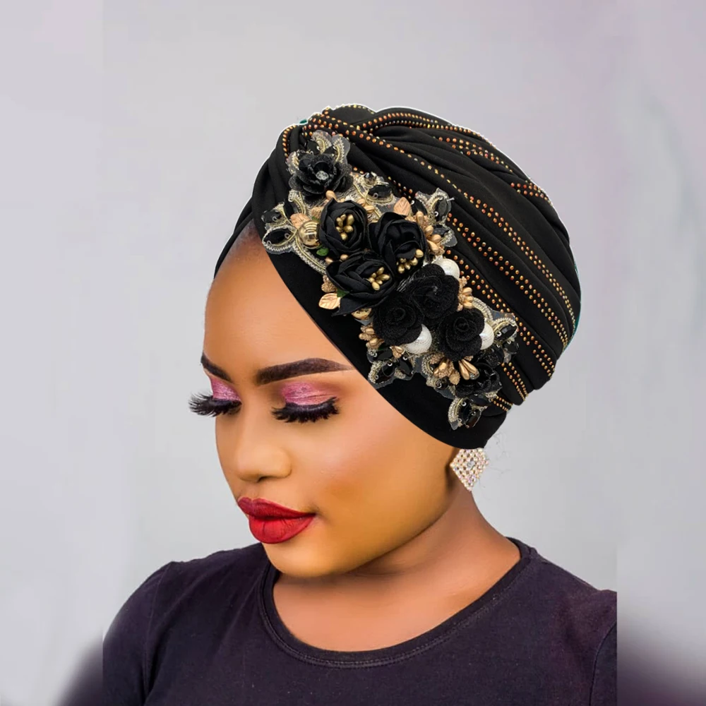 Turban Africain à Fleurs et Diamants pour Femme, Chapeau Sarf Torsadé pour ixde Mariage, Style Nigérian