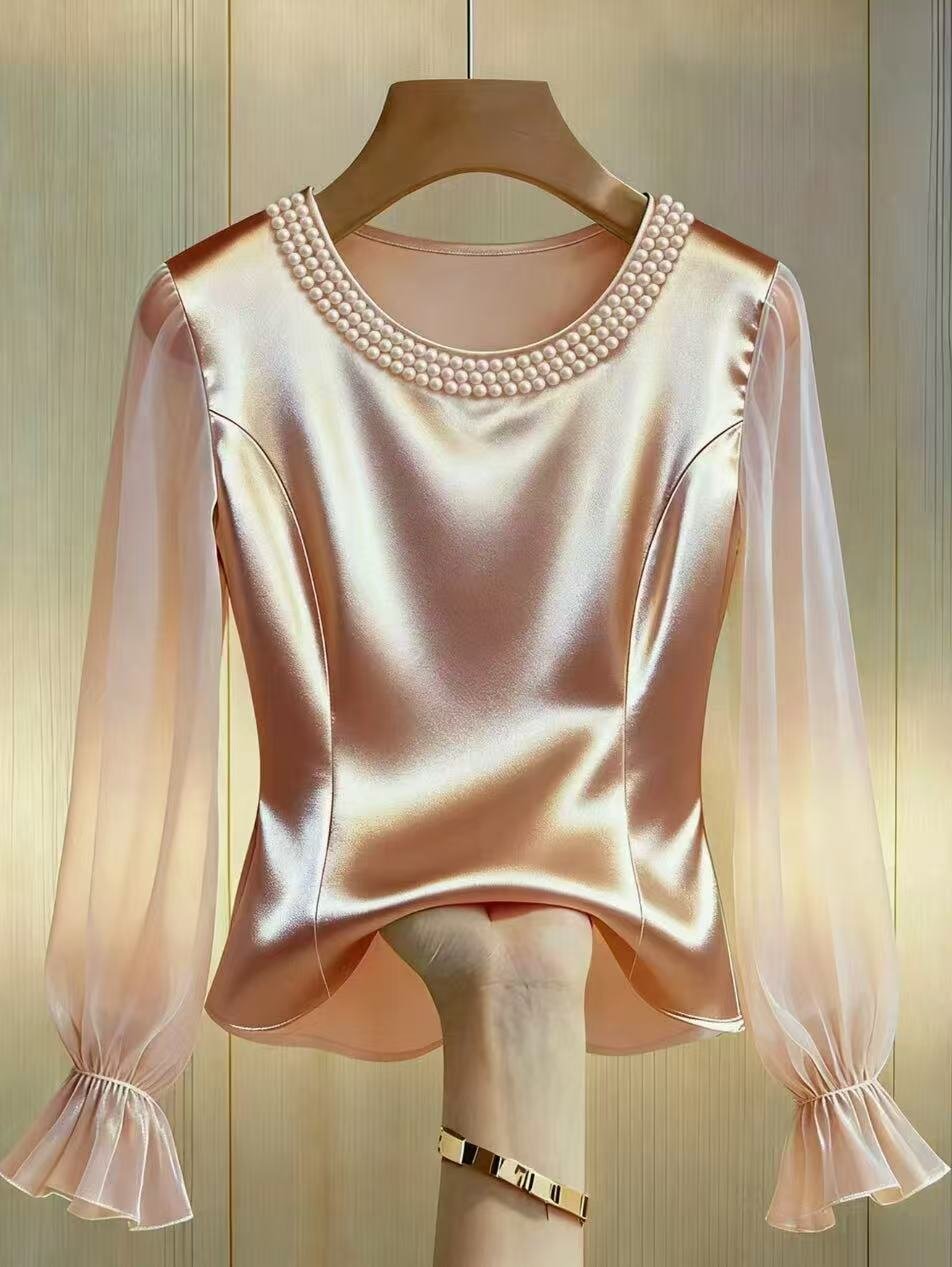 Chemisier élégant en satin pour femme, manches longues transparentes, en soie, avec col rond perlé, coupe ample, tendance été