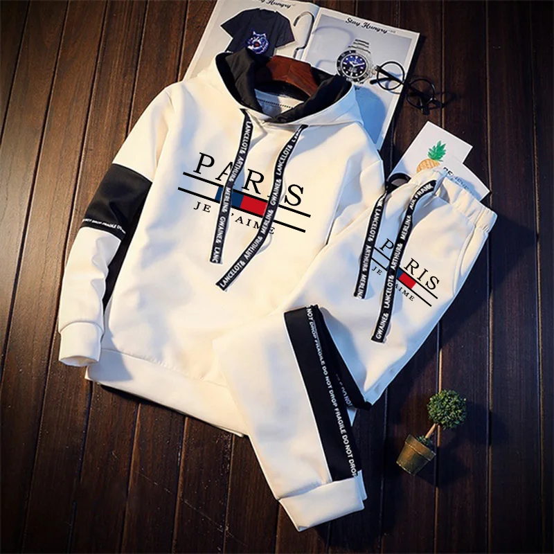 Ensemble de survêtement décontracté pour homme, style urbain, imprimé Paris, collection automne-hiver 2026 : sweat à capuche et pantalon de jogging sportif