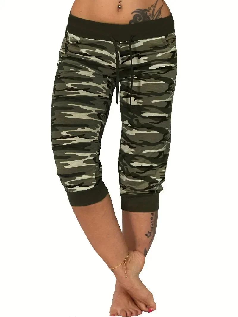 Pantalon Cargo décontracté pour femmes, grande taille 1XL-5XL, court d'entraînement de Yoga, taille extensible, athlétique, Fitness