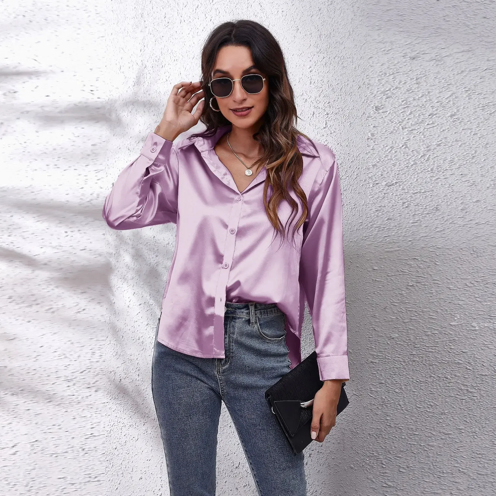 Chemise élégante en satin de soie pour femme, chemisier ample à manches longues boutonné, hauts de bureau pour femmes, Camisa De Mujer