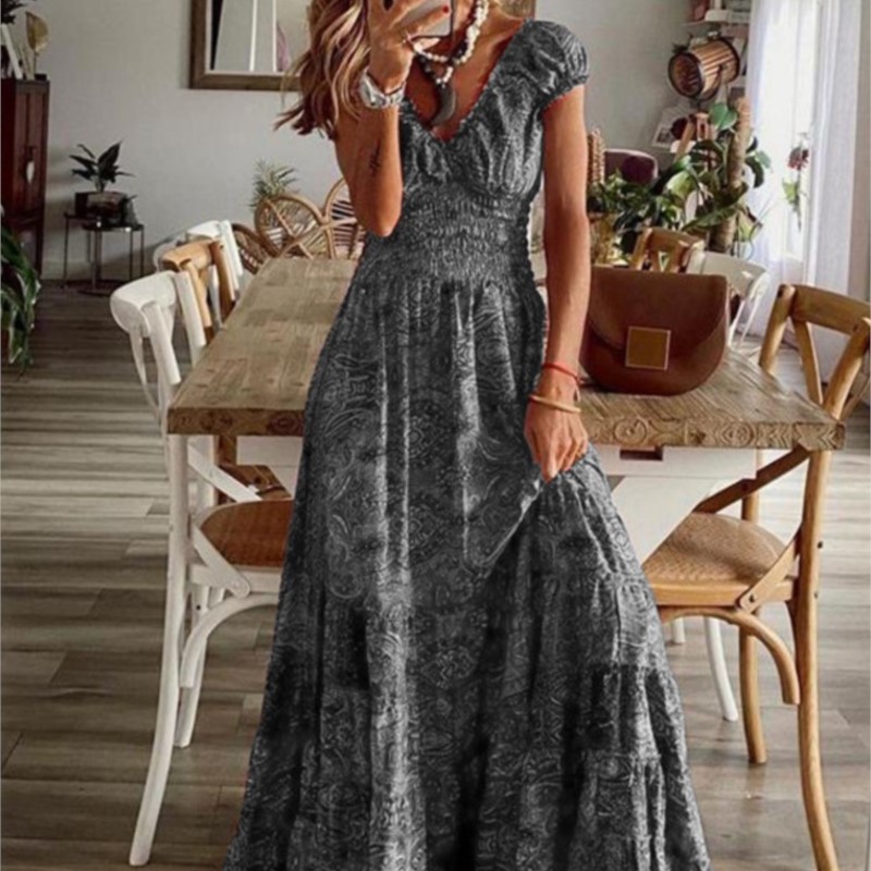 Robe d'été imprimée de Style ethnique pour femmes, manches courtes, taille, à la mode, manches pétales florales, grand ourlet, robe trapèze
