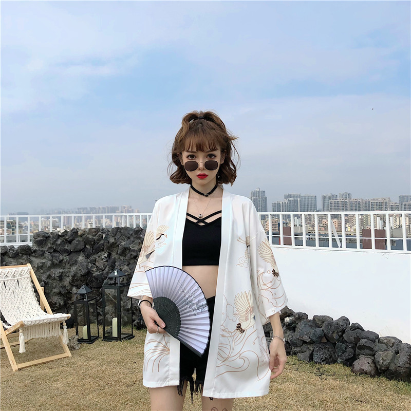 Cardigan Kimono Haori imprimé grue amélioré artistique rétro japonais, décontracté, ample, polyvalent, Protection solaire, veste fine, printemps et été