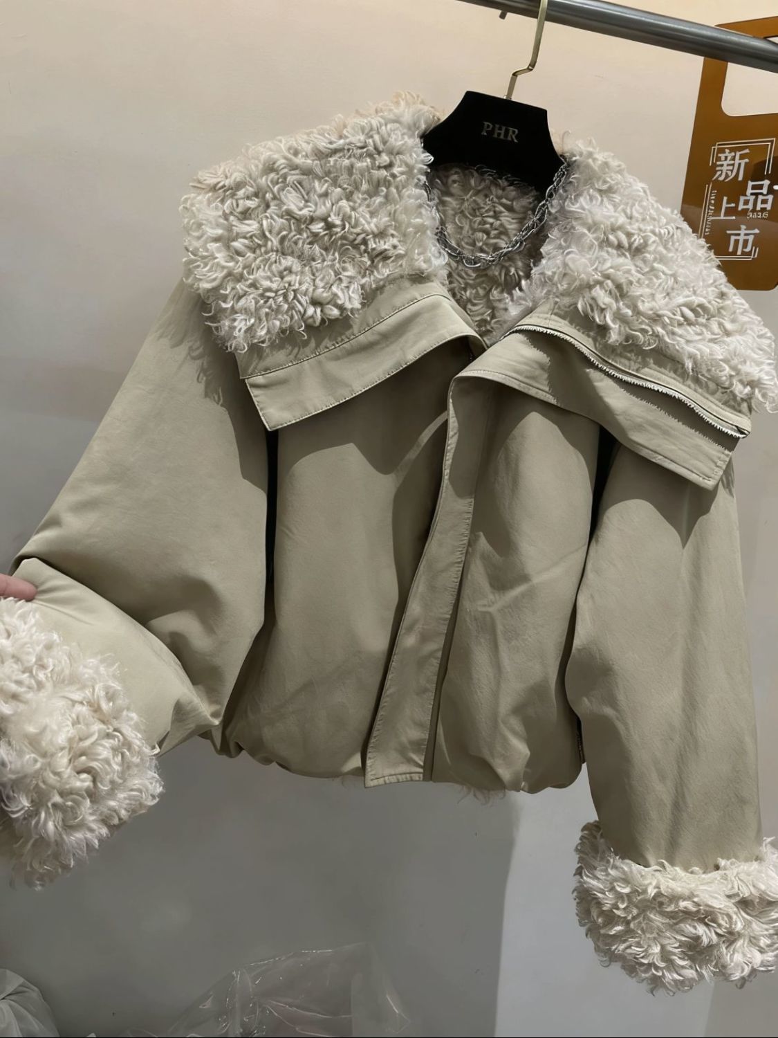 Manteau d'hiver en peluche et épaissi, nouveau design avec grand col en fourrure d'agneau, veste en coton pour femmes, parka courte, vêtements d'extérieur beige