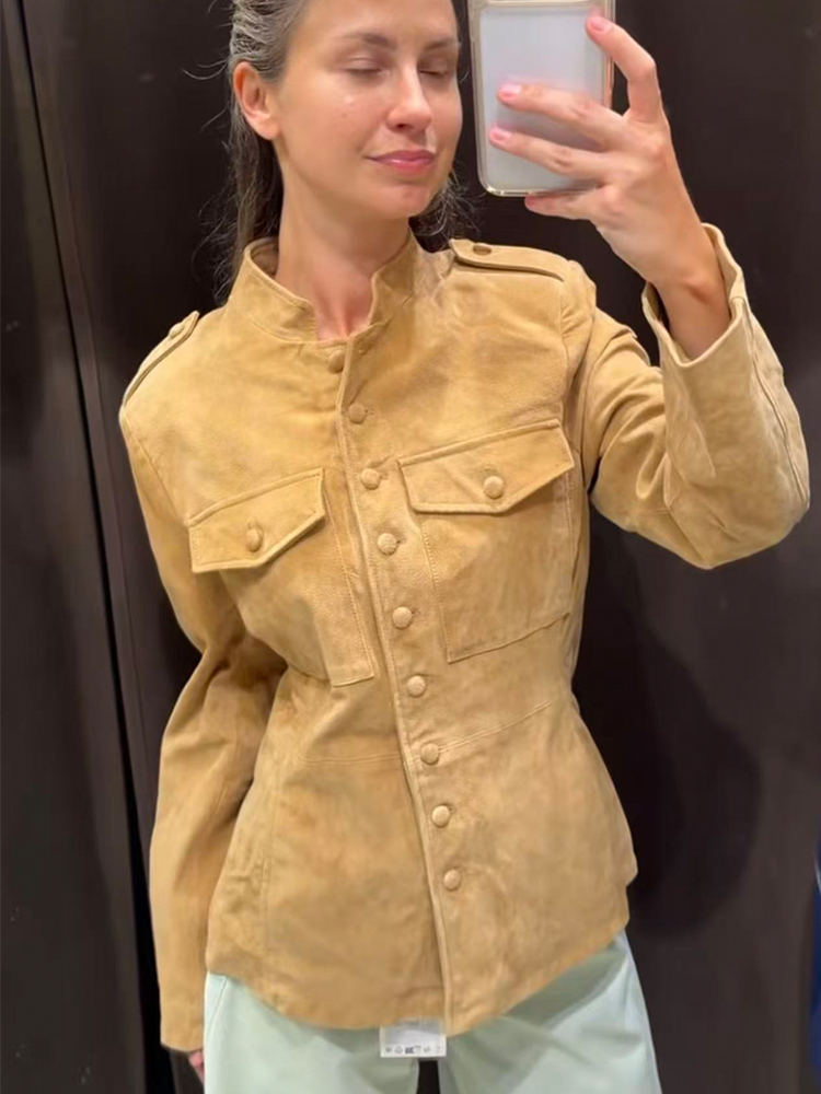 Veste Tendance Femme Printemps Automne 2026 Classique Vintage en Daim Col Montant Simple Boutonnage Décontractée Polyvalente Courte Style Urbain