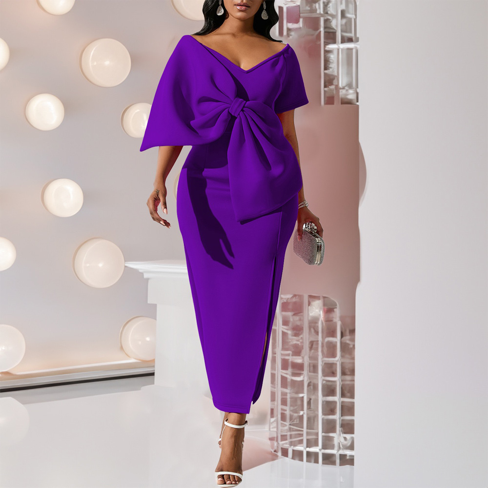 Robes de soirée élégantes pour femmes, col en V, manches courtes, grand nœud décoratif, gaine fendue sur le côté, longueur de rinçage, robe de soirée de luxe, nouveau, 2024
