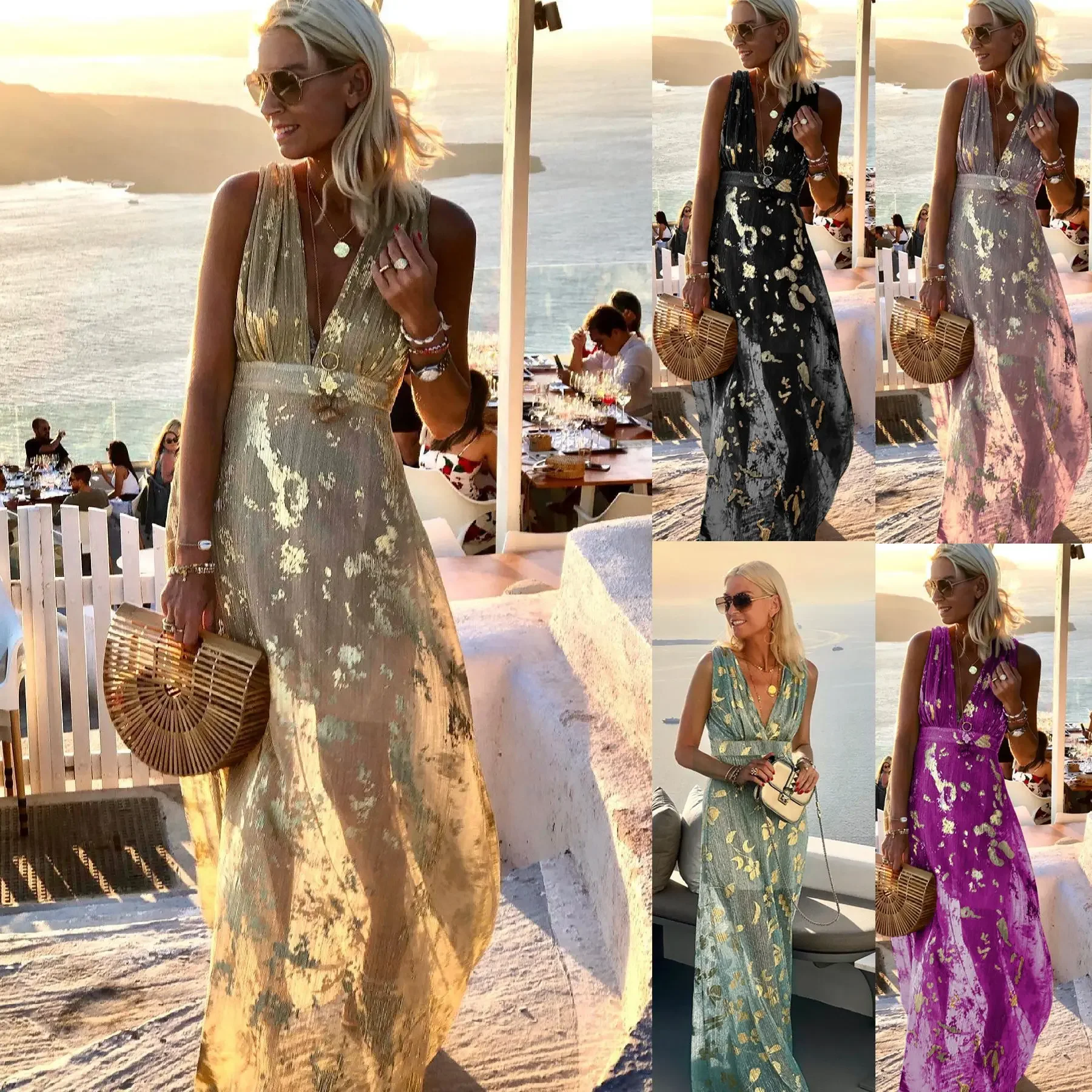 Robe sexy à col en V pour femmes, taille S-XL, estampage à chaud, pour printemps et été européens et américains, fête de vacances décontractée, nouvelle collection