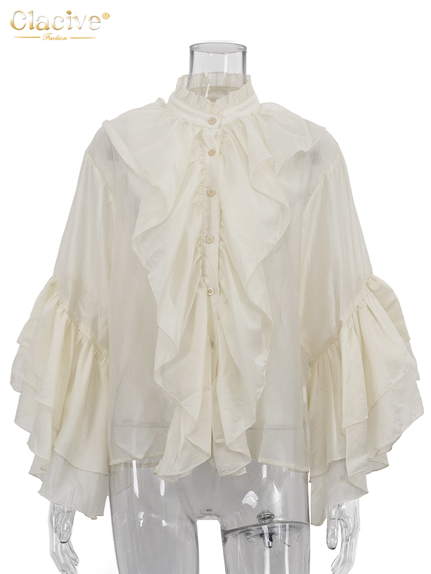 Chemisier blanc ample et élégant pour femme, col montant, manches longues, avec volants, style classique et tendance