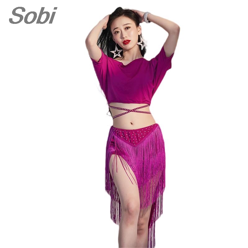 Ensemble de costumes de danse du ventre Sexy pour femmes, haut + jupe à franges, vêtements d'entraînement de classe, tenue de spectacle de danse du ventre orientale de déesse