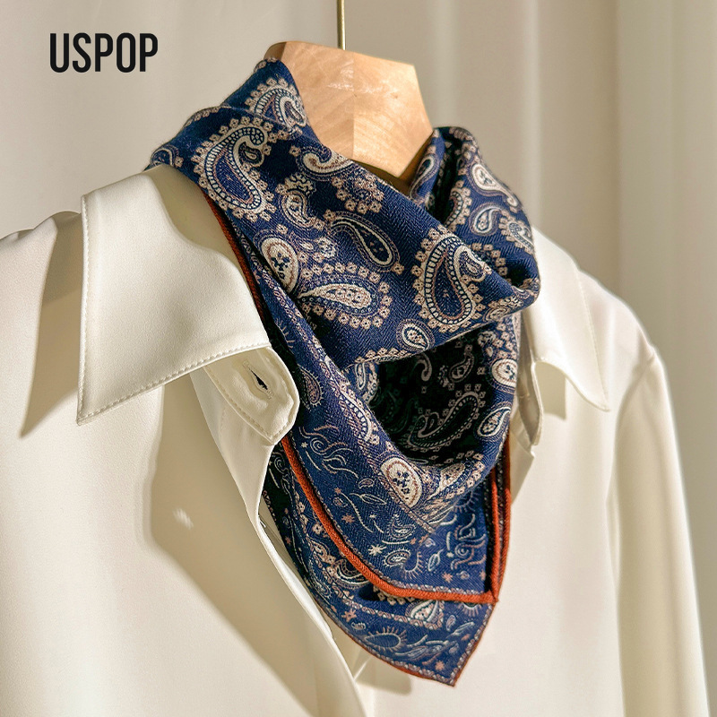 USPOP Écharpe carrée en soie et laine à motifs paisley psychédéliques pour femme – Automne/Hiver Bleu foncé, polyvalente, chaude et élégante