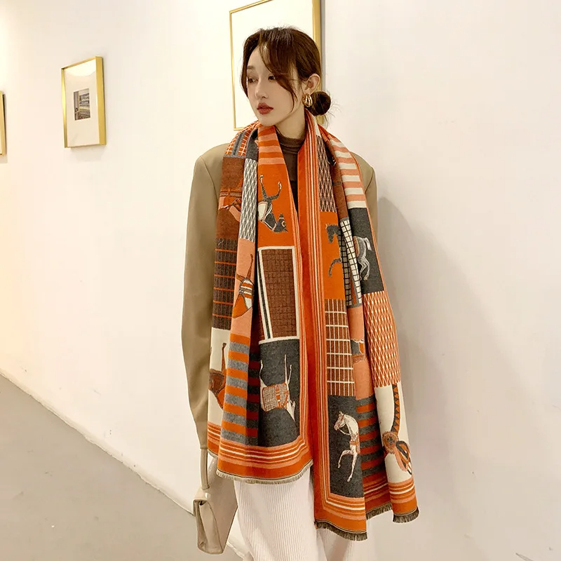 Écharpe de luxe en cachemire pour femme, Design chaud, couverture Pashmina, cheval, châle, épais, Bufanda, nouvelle collection hiver 2024