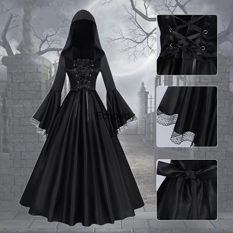 Robe gothique à capuche pour femmes, noire, col carré, manches évasées, grande balançoire, longue, Costume de fête d'halloween