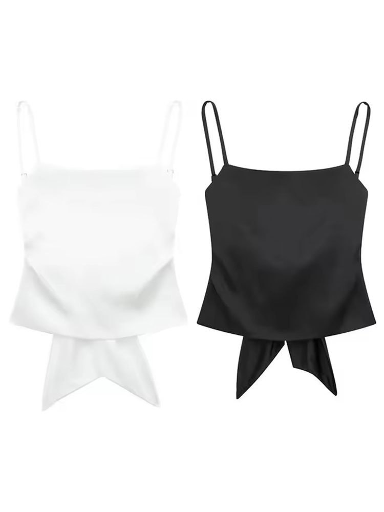 HH Débardeur court en satin pour femme, à fines bretelles, dos à nouer, col carré, élégant, pour l'été, décontracté, pour les fêtes et le streetwear