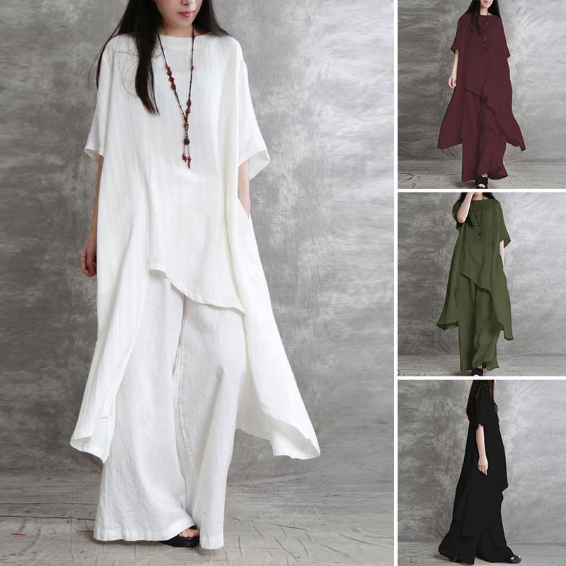 Ensemble pantalon en coton et lin pour femmes, 2 pièces, chemisier ample décontracté à manches mi-longues, couleur unie et taille haute élastique, jambes larges, costumes complets