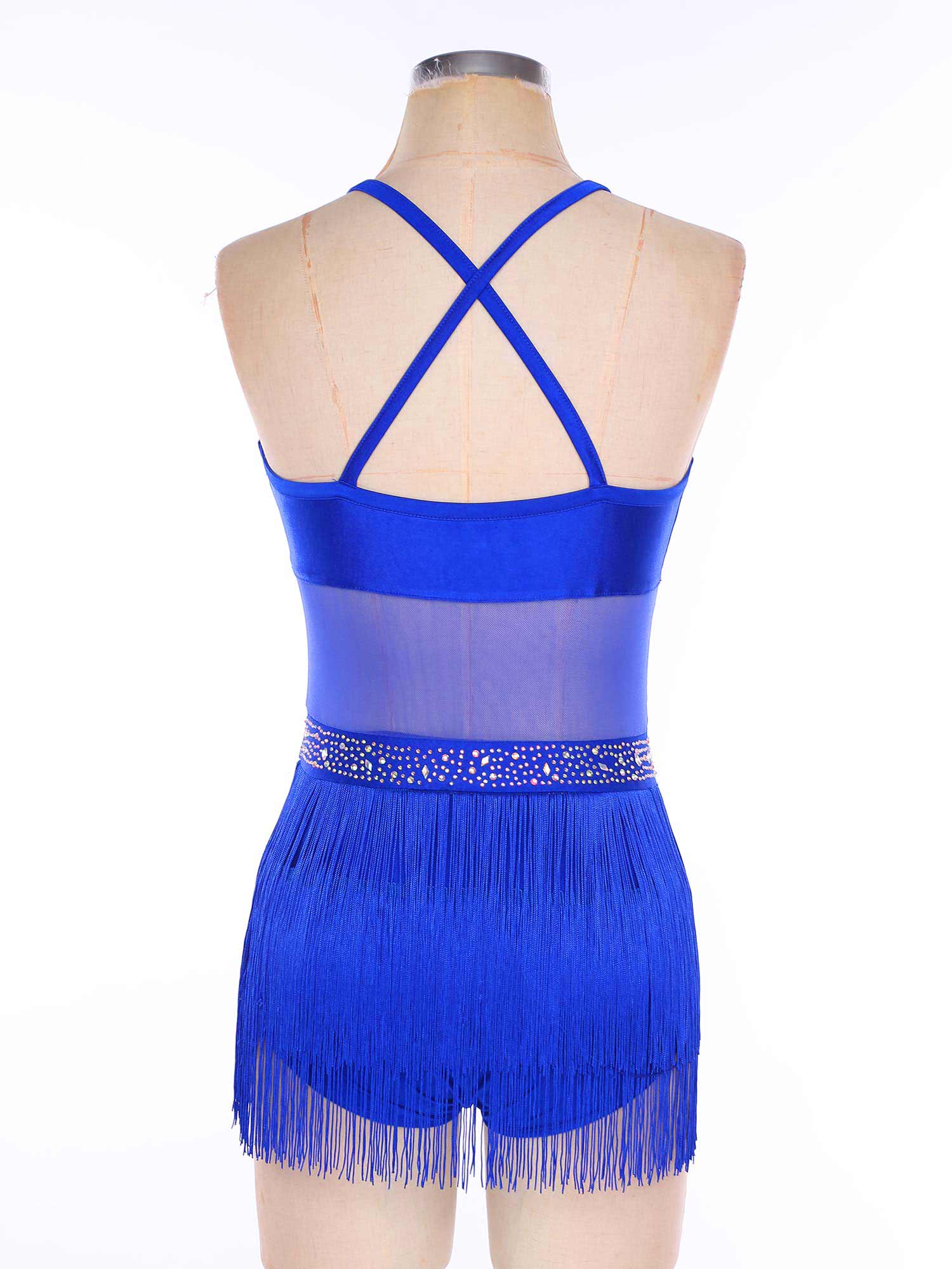 Femmes gland Latin Jazz Salsa justaucorps robe de danse Tango danse Costumes maille transparente Patchwork strass frangé body robe