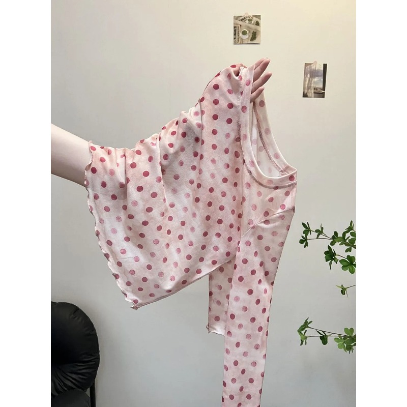 Vêtements d'été pour femmes, chemisier de Protection en maille dégradée avec imprimé à pois, t-shirts au Design polyvalent, haut à manches longues à bords de champignon