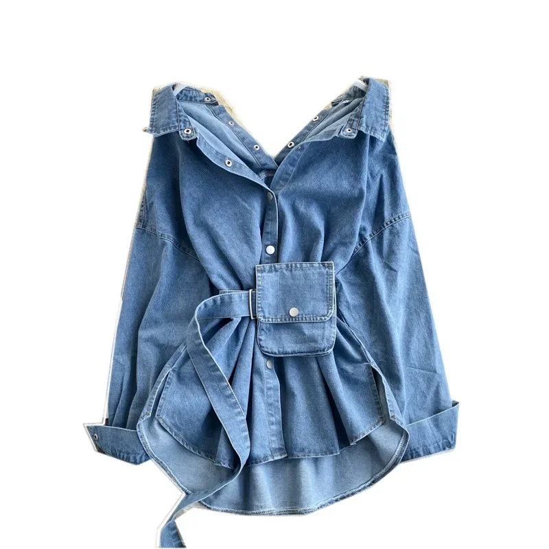 Chemises en jean pour femmes, chemisier lavé, vêtements d'extérieur, vestes, sangle, sac de taille, revers, simple boutonnage, Streetwear, surchemise, 2025