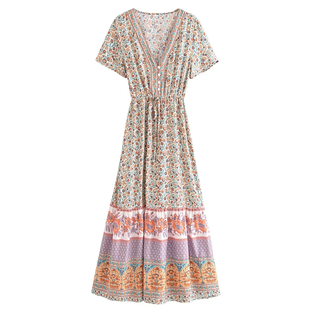 Robe de plage bohème à imprimé floral vintage pour dames, robe d'été Maxi, col en V croisé, robe Mod ie, robe éducative, ceintures de dîner