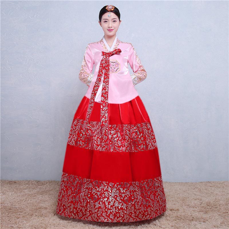 Costume de mariage Hanbok traditionnel coréen pour femmes, en jacquard rouge et or, robe folklorique nationale coréenne, performance scénique, danse
