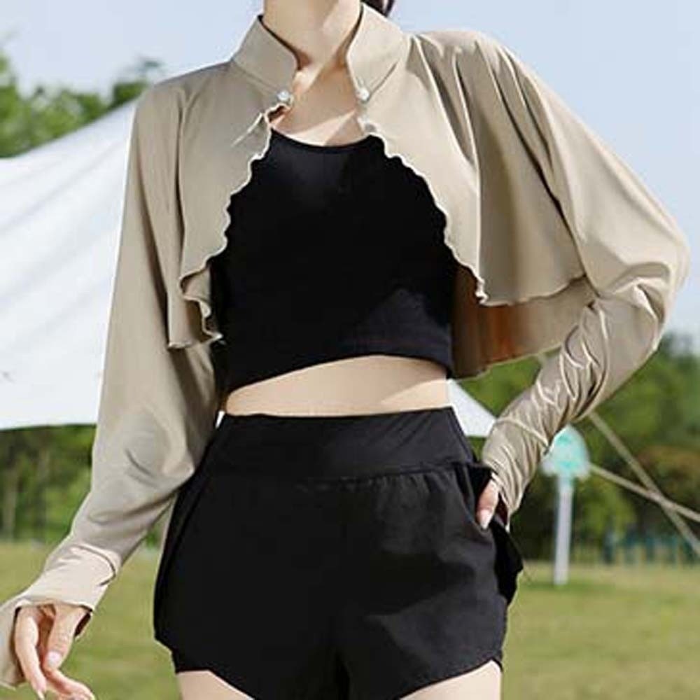 Châle d'été uni anti-UV, cape de protection solaire à manches longues en soie glacée, haut court, manches de bras, vêtements de protection solaire pour femme