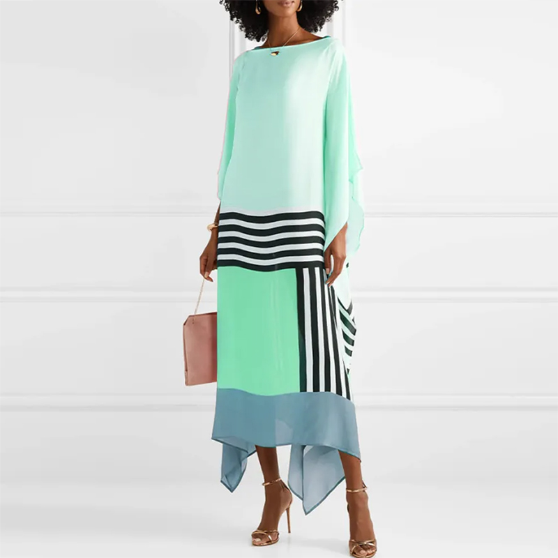 Robe longue irrégulière à col rond pour femmes, manches chauve-souris, robe maxi Boho, patchwork, imprimé rayures bonbons, caftan, printemps, été