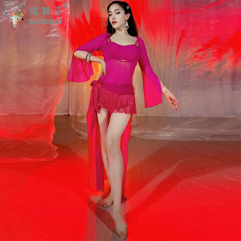 Costume de danse orientale pour femmes, robe sexy à sequins et franges, serviette de hanche, 4 pièces, tenue de performance pour danse orientale