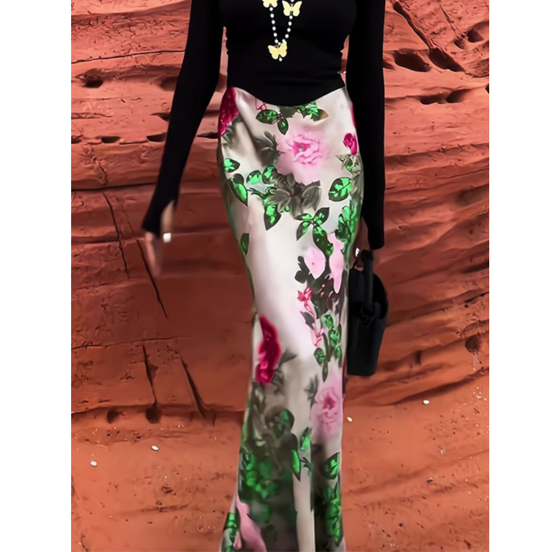 Mn-Jupe Longue en Satin Vintage à Imprimé Floral pour Femme, Vêtement de Luxe, Chic, Élégant, Taille Haute, Slim, pour ix