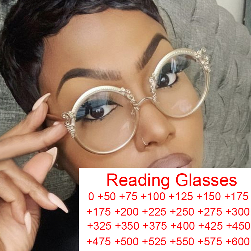 Lunettes de lecture rondes sculptées en or clair pour femmes, lunettes de Prescription Vintage uniques, monture métallique, lunettes bloquant la lumière bleue