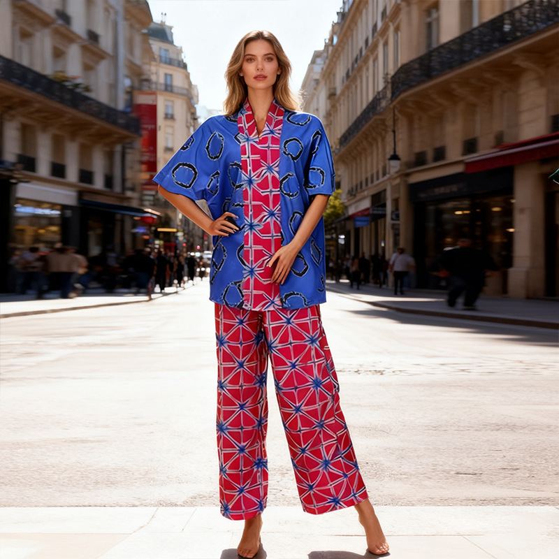 Ensemble de vêtements africains 2 pièces pour femmes, mode estivale, haut à manches courtes et col en V, pantalon long assorti, Dashiki, vêtements africains
