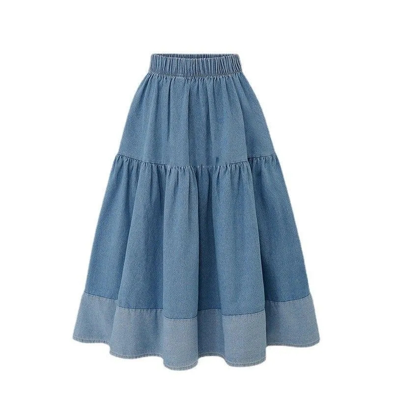 Jupe en jean bleu femmes taille haute jupes longues à plusieurs niveaux Denim élastique tenue décontractée taille élastique une ligne jean jupe filles vêtements