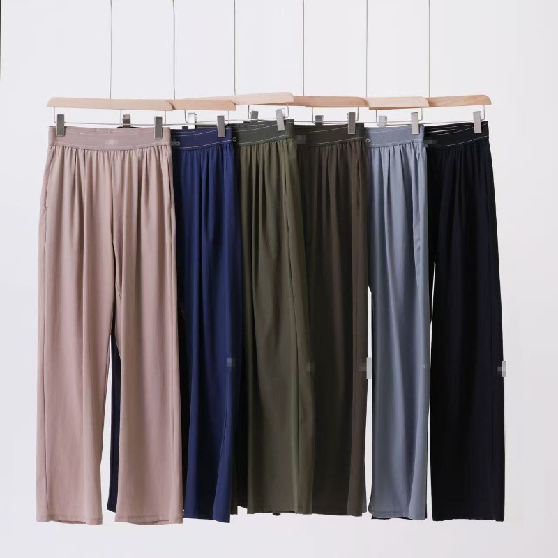 Nouveau pantalon d'été à taille haute, long et à jambes larges, en soie glacée fine, séchage rapide, taille élastique, ample et polyvalent, décontracté.