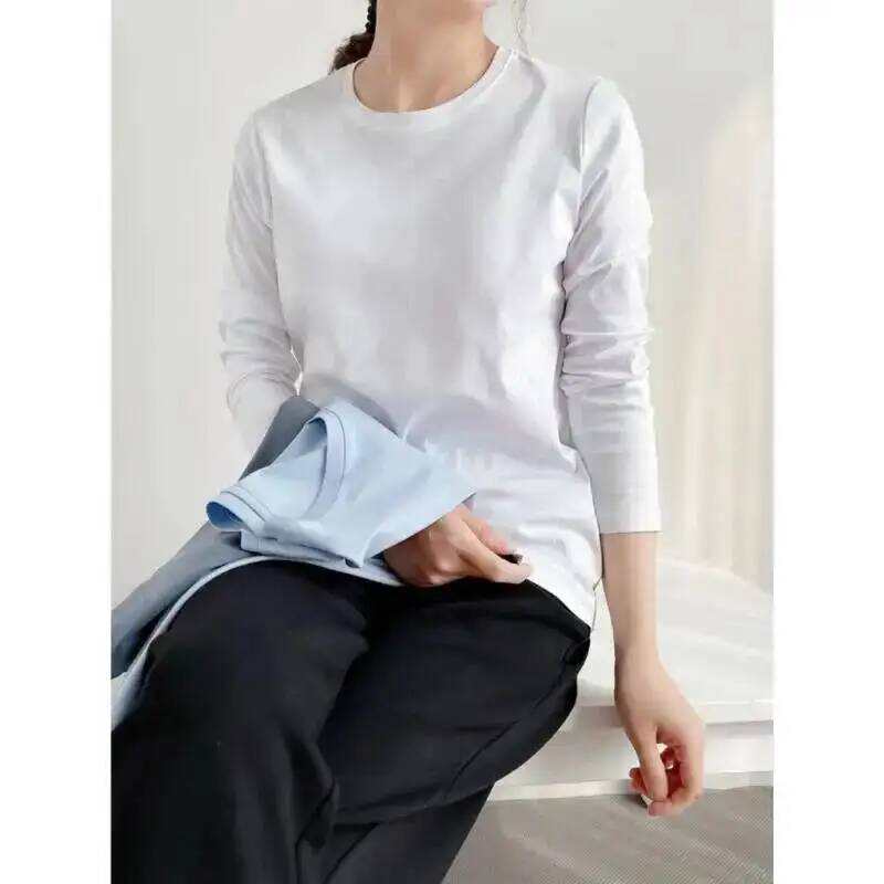 T-shirt à manches longues en coton et soie de mûrier pour femmes, 6% de soie, col rond, col en V, lisse, basique, ample