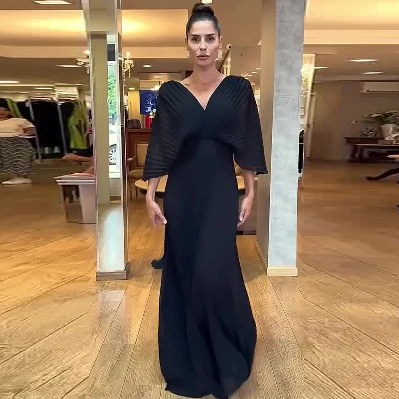 Robe taille haute à manches chauve-souris pour femmes, robe plissée décontractée, version coréenne, document solide, col en V, nouvelle mode, automne, éducatif, Y2k