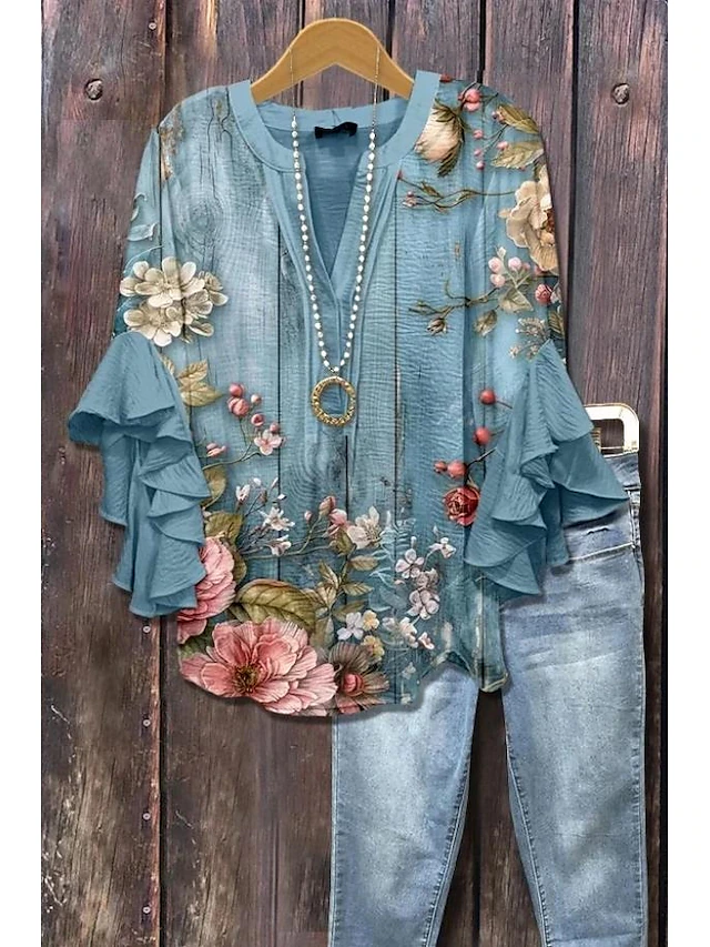 Chemise bohème à fleurs pour femmes, manches à volants, coupe ample décontractée, tissu doux, chemise élégante pour les vacances