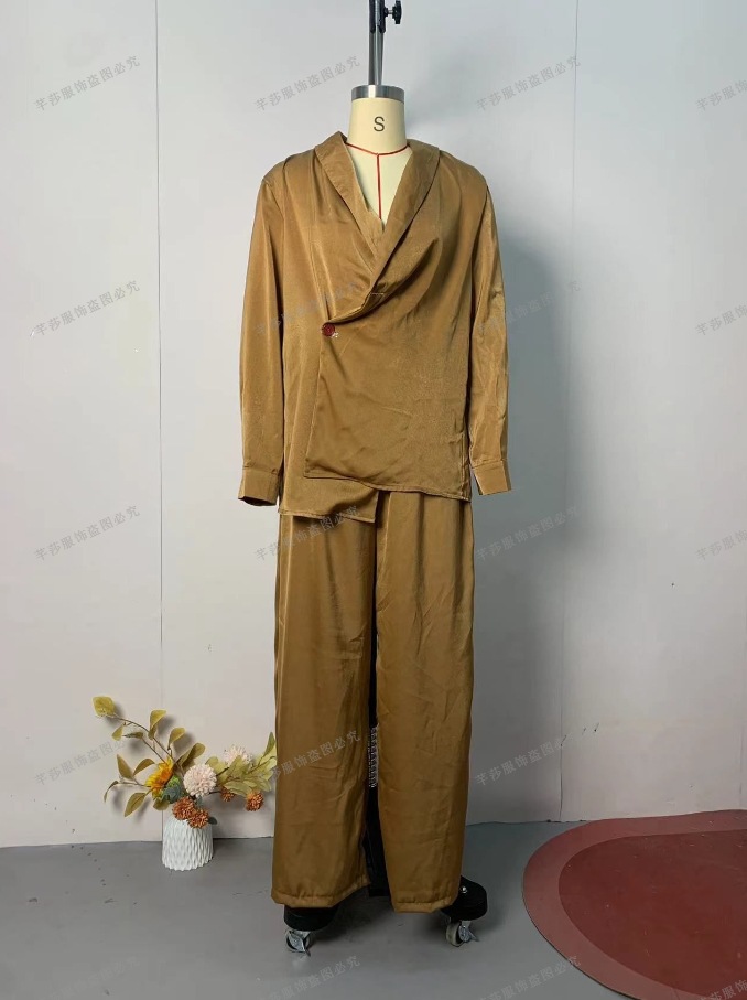 Femmes pantalons 2 pièces ensembles haut chemisier jambe large pantalon tenues plis col en V bouton bureau dame Ensemble femme 2025 automne costume