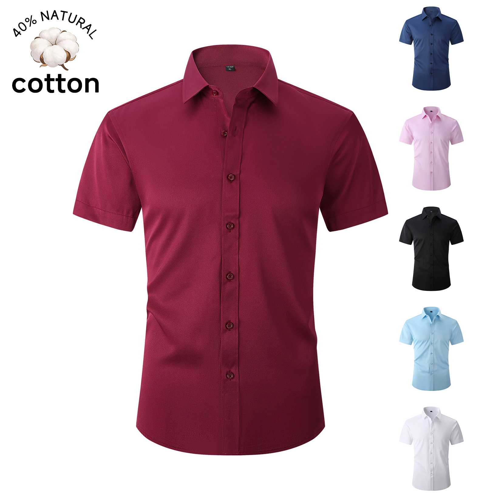 Chemise d'été décontractée pour homme en coton à manches courtes, boutonnée, respirante, couleur unie rose, coupe classique, haut de gamme pour affaires