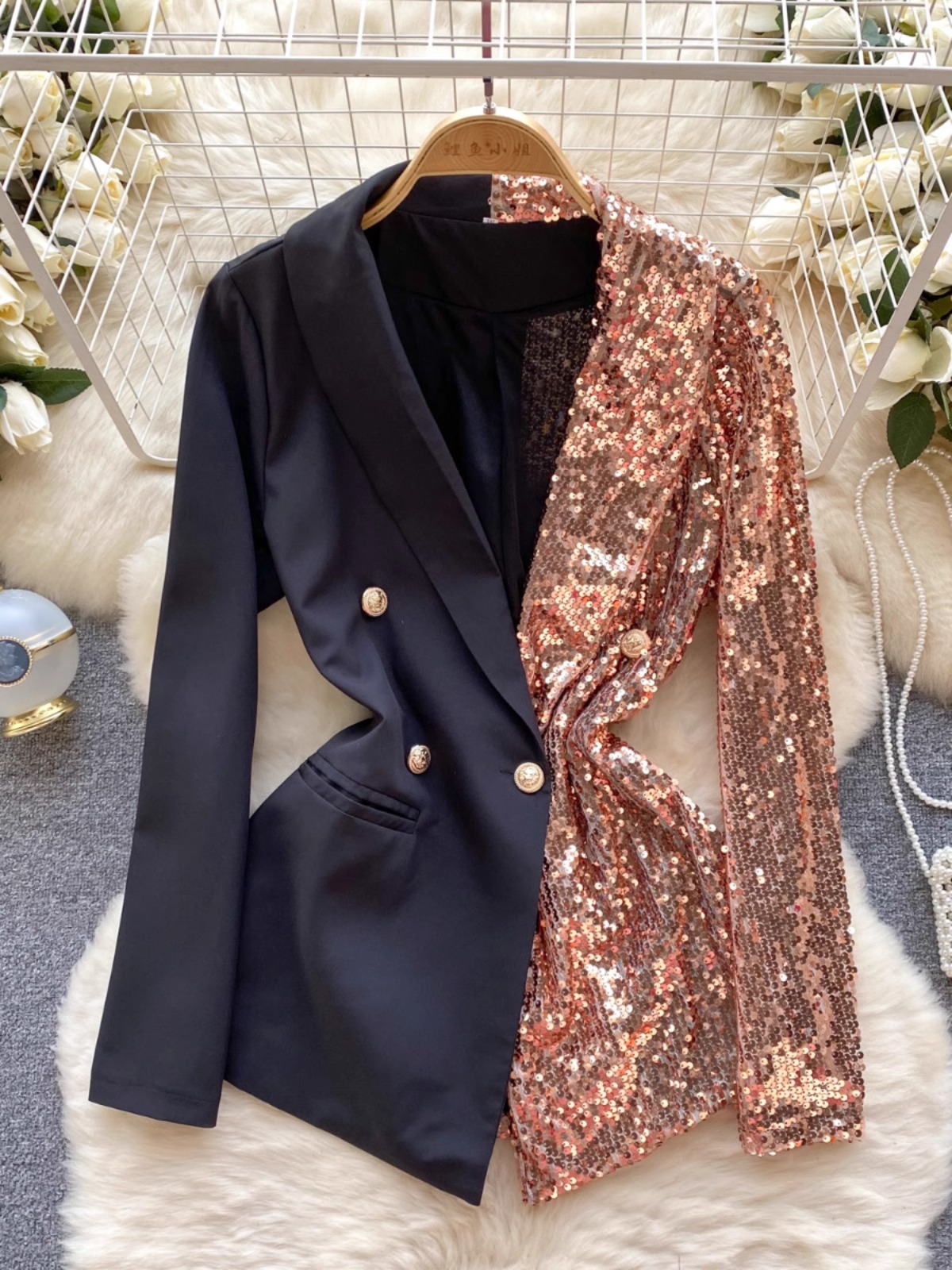 Femmes Blouse Style de mode coréenne paillettes Patchwork manteau printemps été col en V à manches longues Colorblock jolie pochette Mini robe