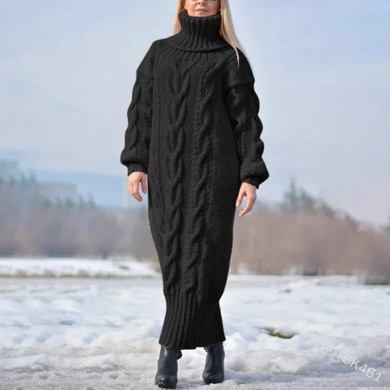 Pull femme hiver col haut couleur unie col roulé pull torsadé pull tricoté ample robe longue pull pour femme nouveau