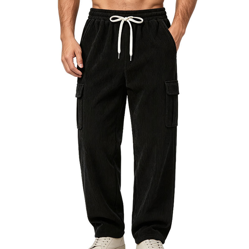 Pantalon cargo en velours côtelé pour homme, taille élastique avec cordon de serrage, multi-poches, coupe ample, décontracté, pantalon de sport pour usage quotidien et streetwear.