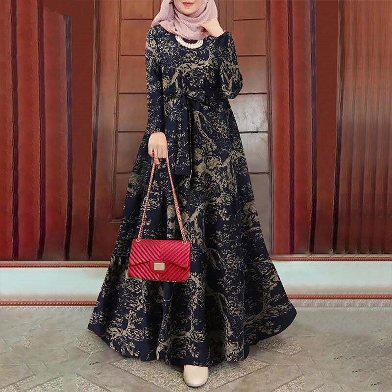 Robe musulmane à manches longues et col rond pour femmes, caftan décontracté, dubaï, abaya imprimé, patchwork, ramadan, maroc