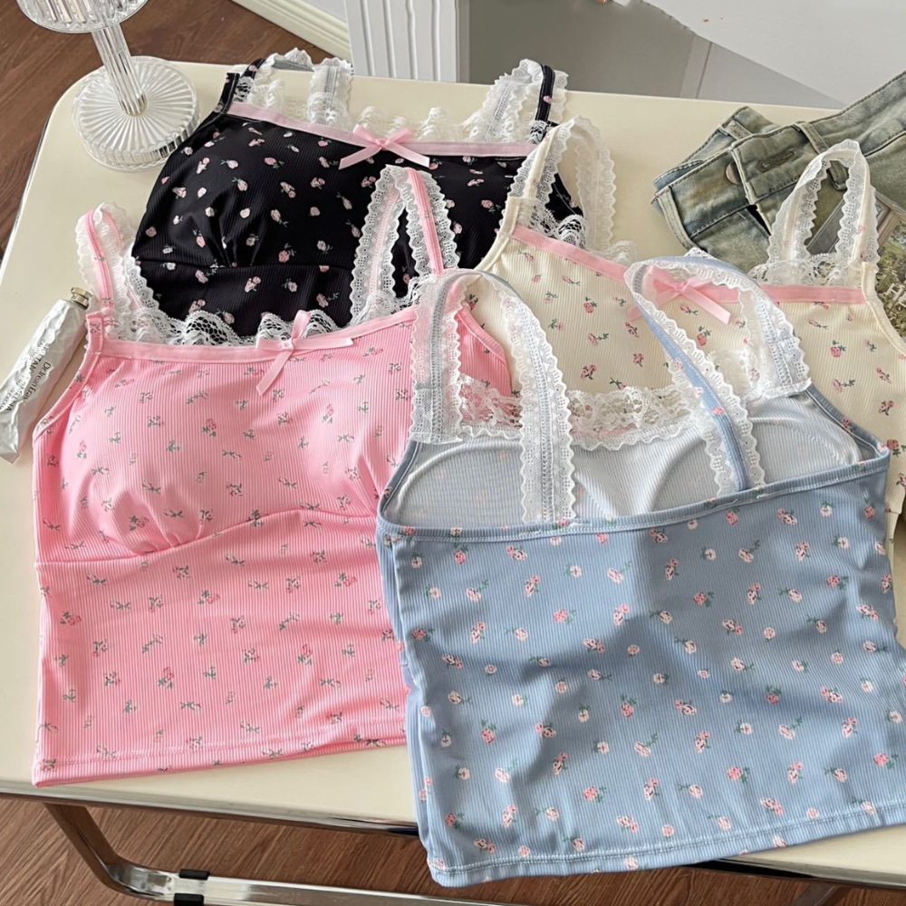 Débardeur court décontracté en soie glacée à motifs floraux, avec coussinets, sans manches, en dentelle, avec nœud, coupe ajustée et élastique, pour fille, style plage