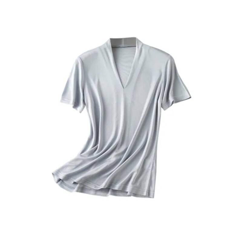 T-shirt sans couture Mulberry pour femme, double couche, col en V, manches courtes, doux, été
