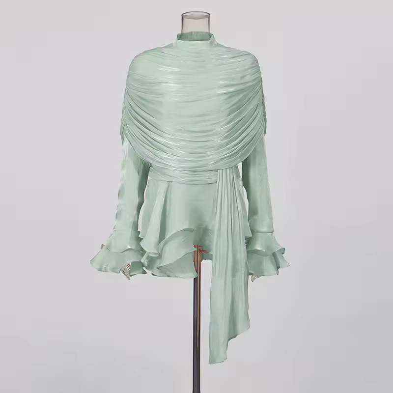 GALCAUR Robe unie ample à volants pour femme, col rond, manches longues, patchwork, fermeture éclair, robes élégantes, nouvelle collection mode féminine
