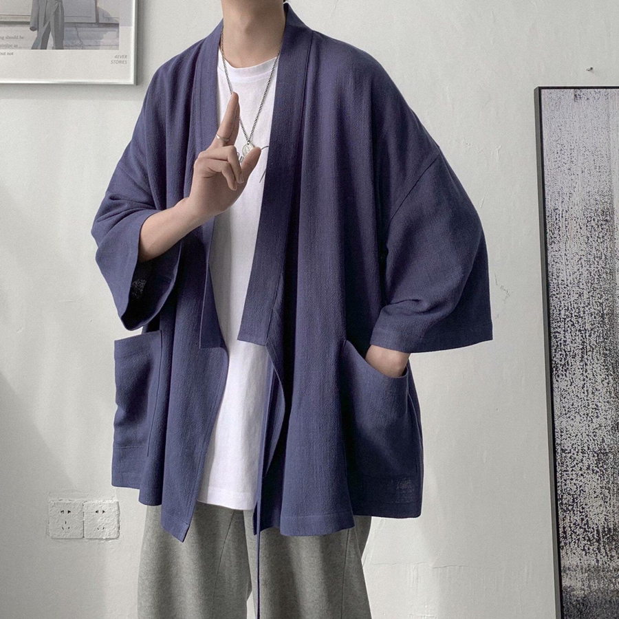 Robe longue en lin de style chinois pour hommes, kimono d'été, cardigan ethnique, veste ouverte sur le devant, coupe ample, haut décontracté vintage FF6252